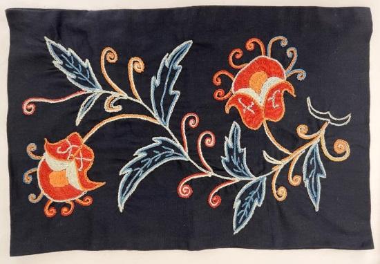 A blue cloth with orange flowers and leaves

Description automatically generated