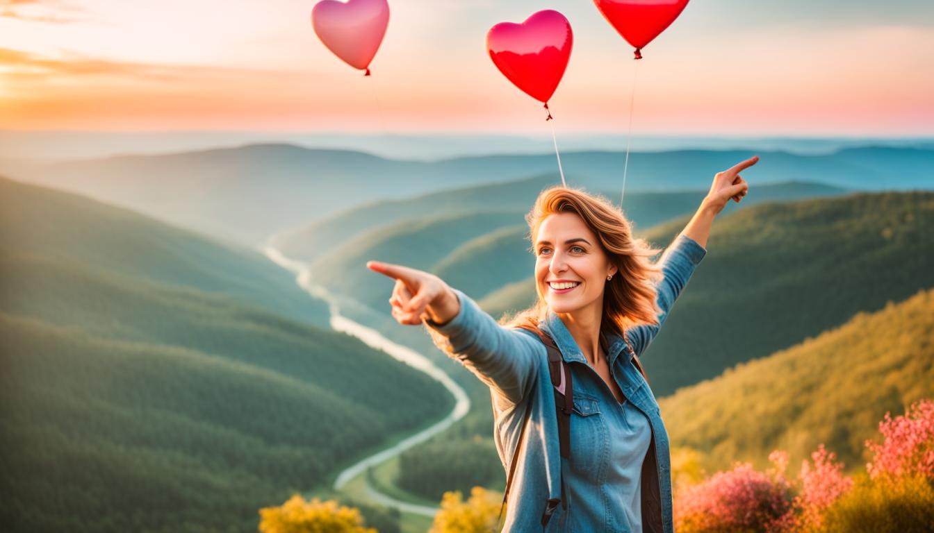 A woman standing confidently on top of a hill, overlooking a vast and beautiful landscape. She is holding a heart-shaped balloon in one hand and pointing towards the horizon with the other. The sky is filled with pink and orange hues, as if the sun is about to set. In front of her, there is a path leading towards a forest, symbolizing the journey towards love. She is smiling, radiating positive energy and ready to take inspired action towards manifesting her dream man.