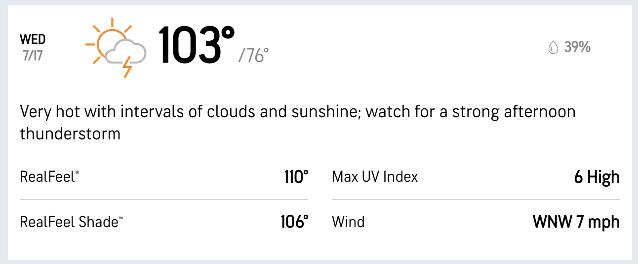 Accuweather forecast for Baltimore, July 17. 103 degrees.