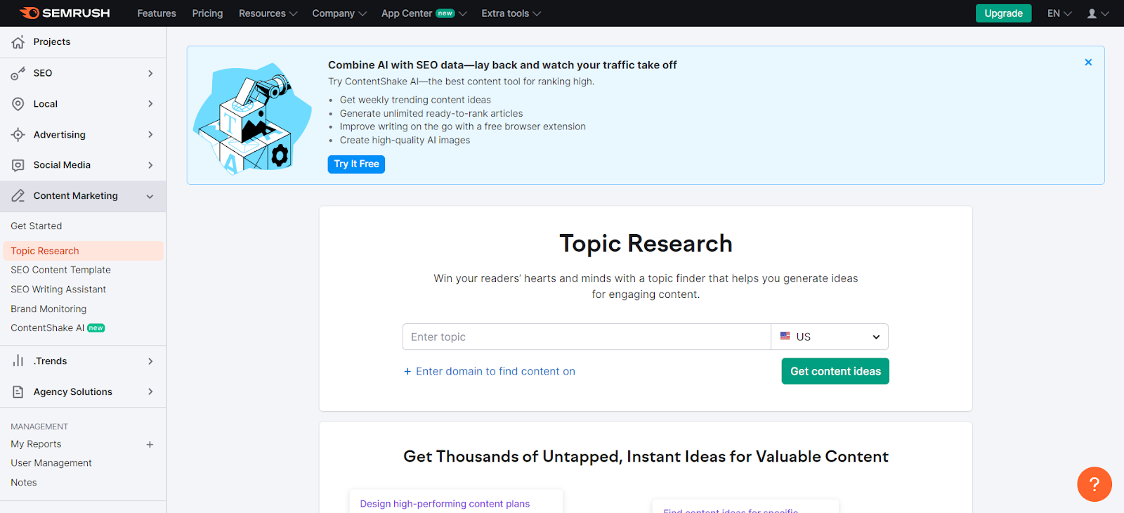 A screenshot of Semrush Topic Research Tool's website