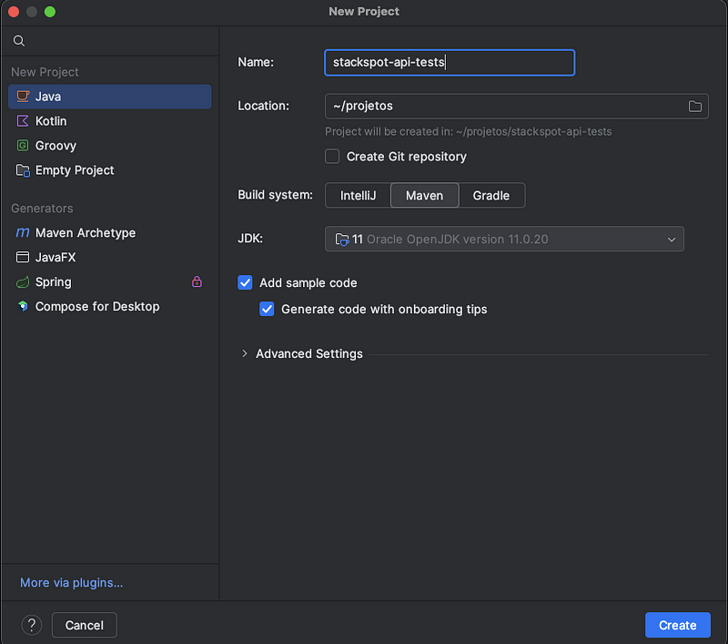 Imagem do artigo sobre Testes automatizados de API Rest com IDE IntelliJ para criação de projeto para automação de testes de API Rest, onde na foto aberta temos a IDE,  na esquerda um menu com opções para de uso para criação de projeto na ferramenta IntelliJ, sendo "New Project" as opções "Java, Kotlin, Groovy, Empty Project", onde escolhemos "Java" e à direita temos campos para preenchimento do projeto "Name, Location, Build System, JDK", onde escolhemos as opções em Build System a opção "Maven e JDK a opção "11" e no fim da tela botão "Create" para criar projeto com configurações realizadas.
