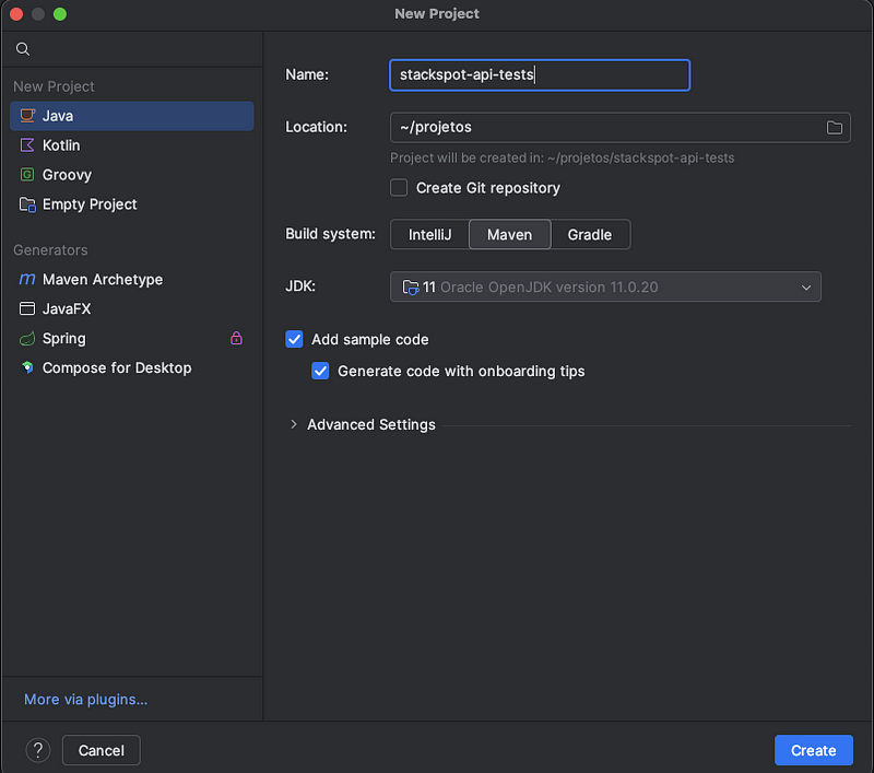 IDE IntelliJ para criação de projeto para automação de testes de API Rest, onde na foto aberta temos a IDE,  na esquerda um menu com opções para de uso para criação de projeto na ferramenta IntelliJ, sendo "New Project" as opções "Java, Kotlin, Groovy, Empty Project", onde escolhemos "Java" e à direita temos campos para preenchimento do projeto "Name, Location, Build System, JDK", onde escolhemos as opções em Build System a opção "Maven e JDK a opção "11" e no fim da tela botão "Create" para criar projeto com configurações realizadas.