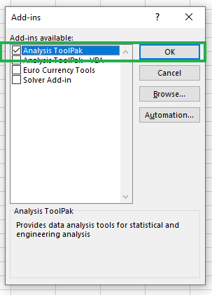 Enabling Data Analysis ToolPak