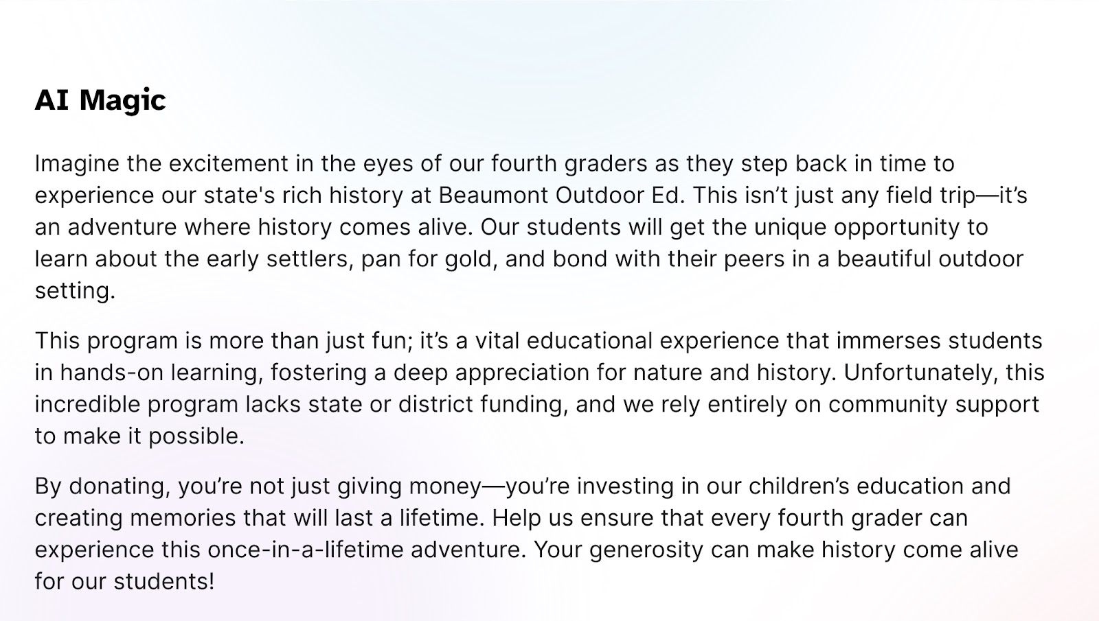 Description for FutureFund school fundraising campaign created with AI Magic tool