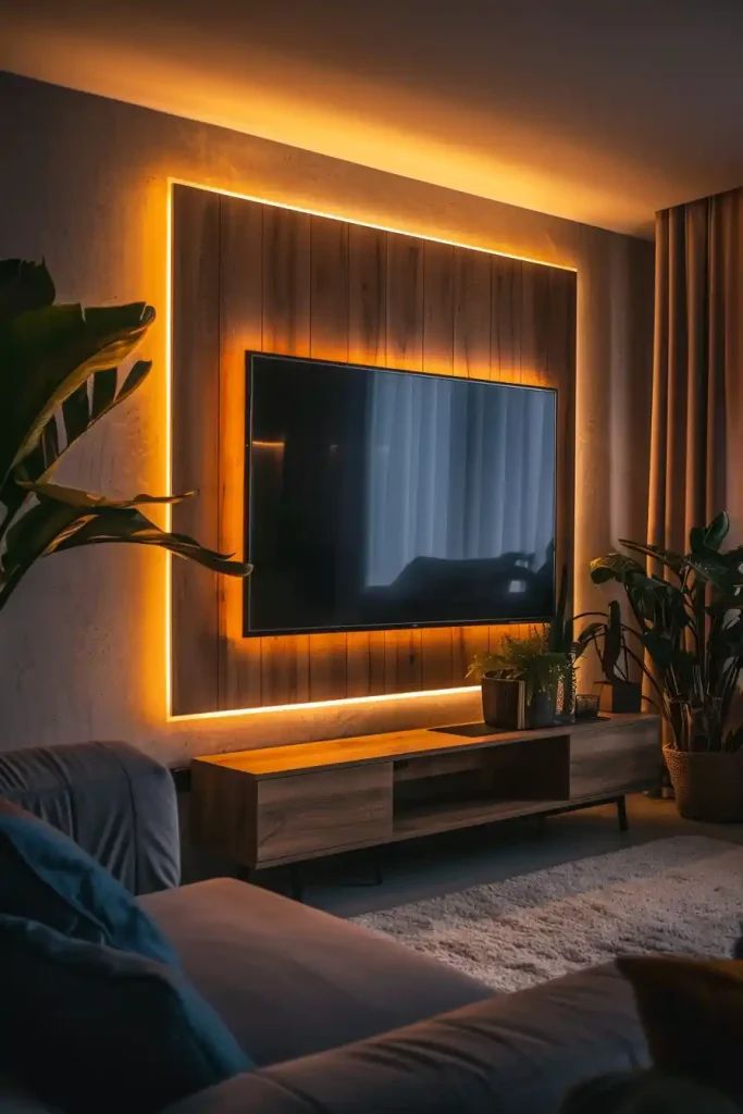 A Scandinavian Style Inspired LED-lit Wall-Mounted TV cabinet with Geometric wallpaper