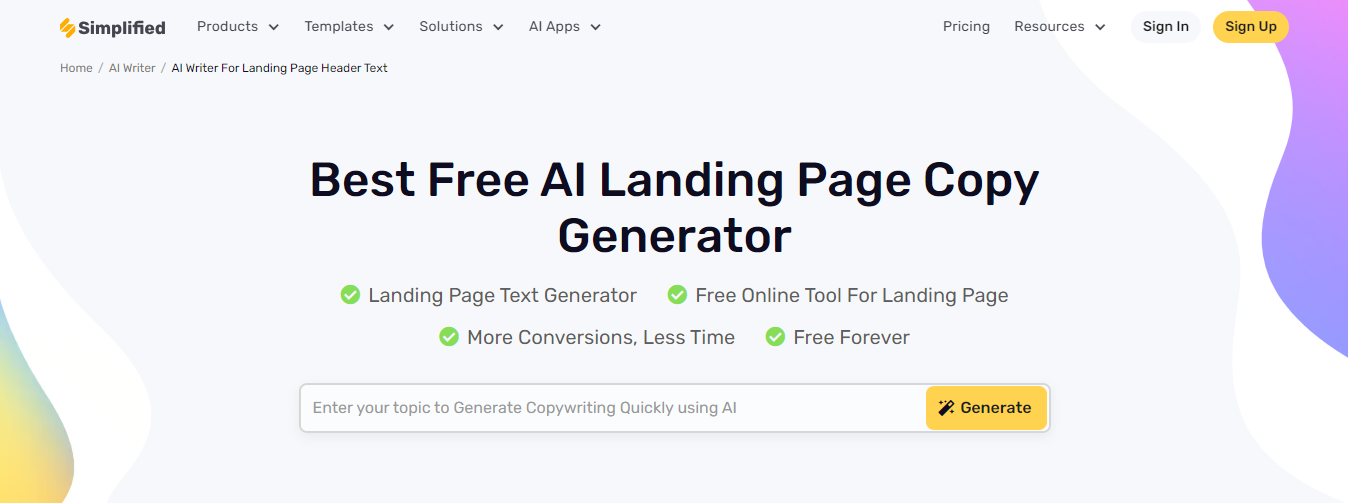 Simplified AI Writer Landing Page Header Text Generator