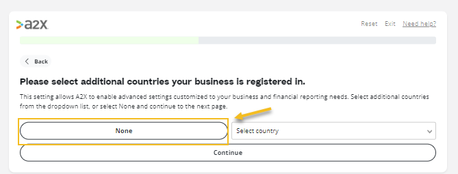 A screenshot of the A2X Accounts & Taxes Mapping questionnaire: Select additional countries