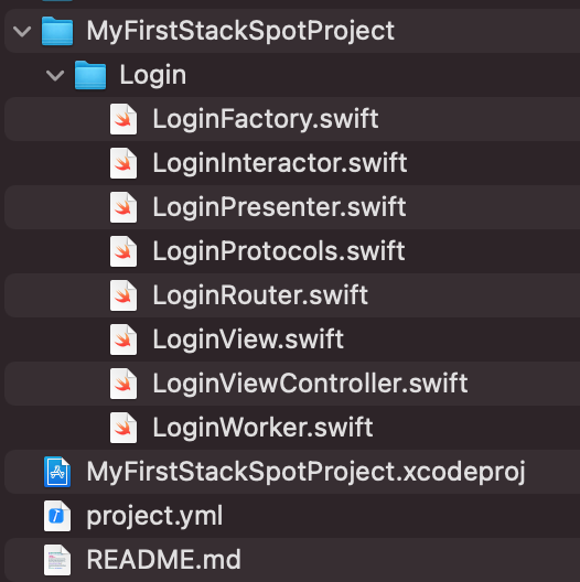 magem do artigo sobre Clean Swift Architecture com imagem mostrando a pasta com a estrutura do projeto criado a partir da aplicação do plugin de Clean Swift Architecture recém-criado.
