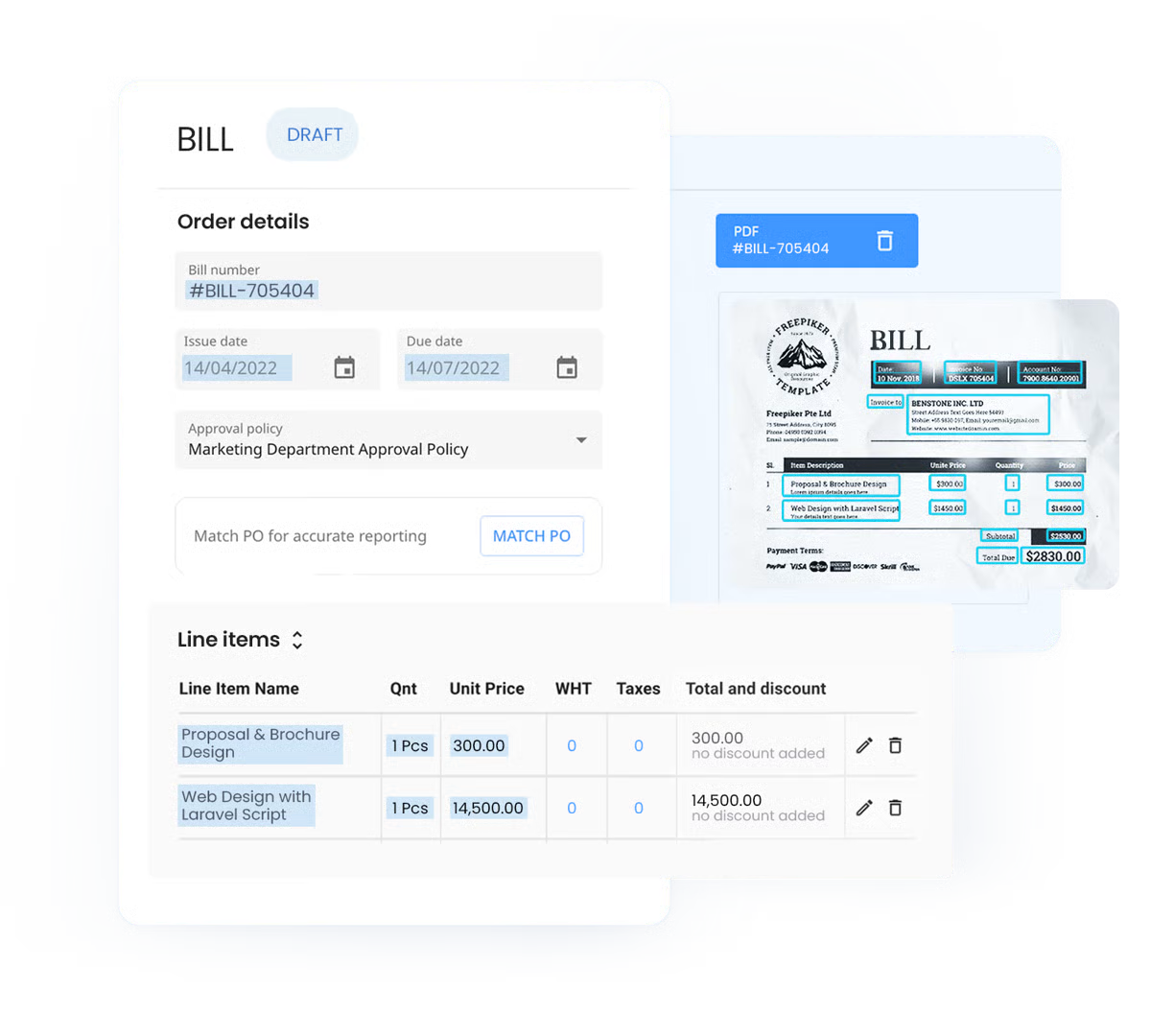 Utilize AI-driven OCR and automated 3-way matching for simplified invoice processing.