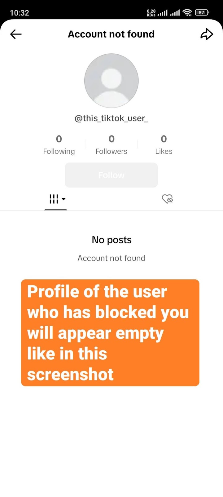 Mobile screenshot of a tiktok account that has blocked you, which appears empty & labeled as "account not found" when you try to access it.