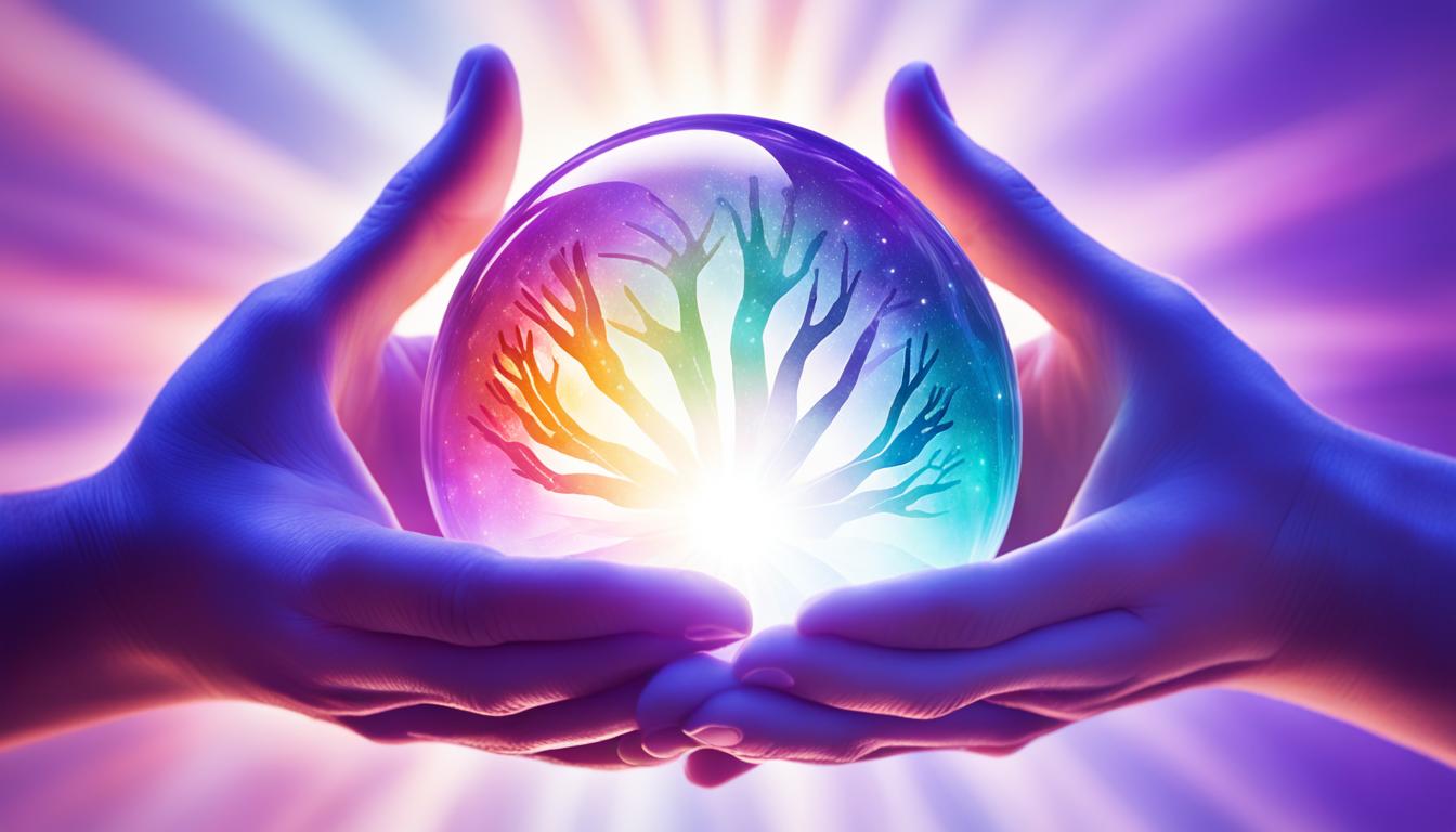 Hands of different colors, sizes, and shapes clasping onto a large glowing orb of light, with rays shining out from it, filling the space with warmth and comfort. The hands are layered on top of each other, creating a sense of unity and trust between them. The background is a soft gradient of blues and purples, representing peace and calmness.