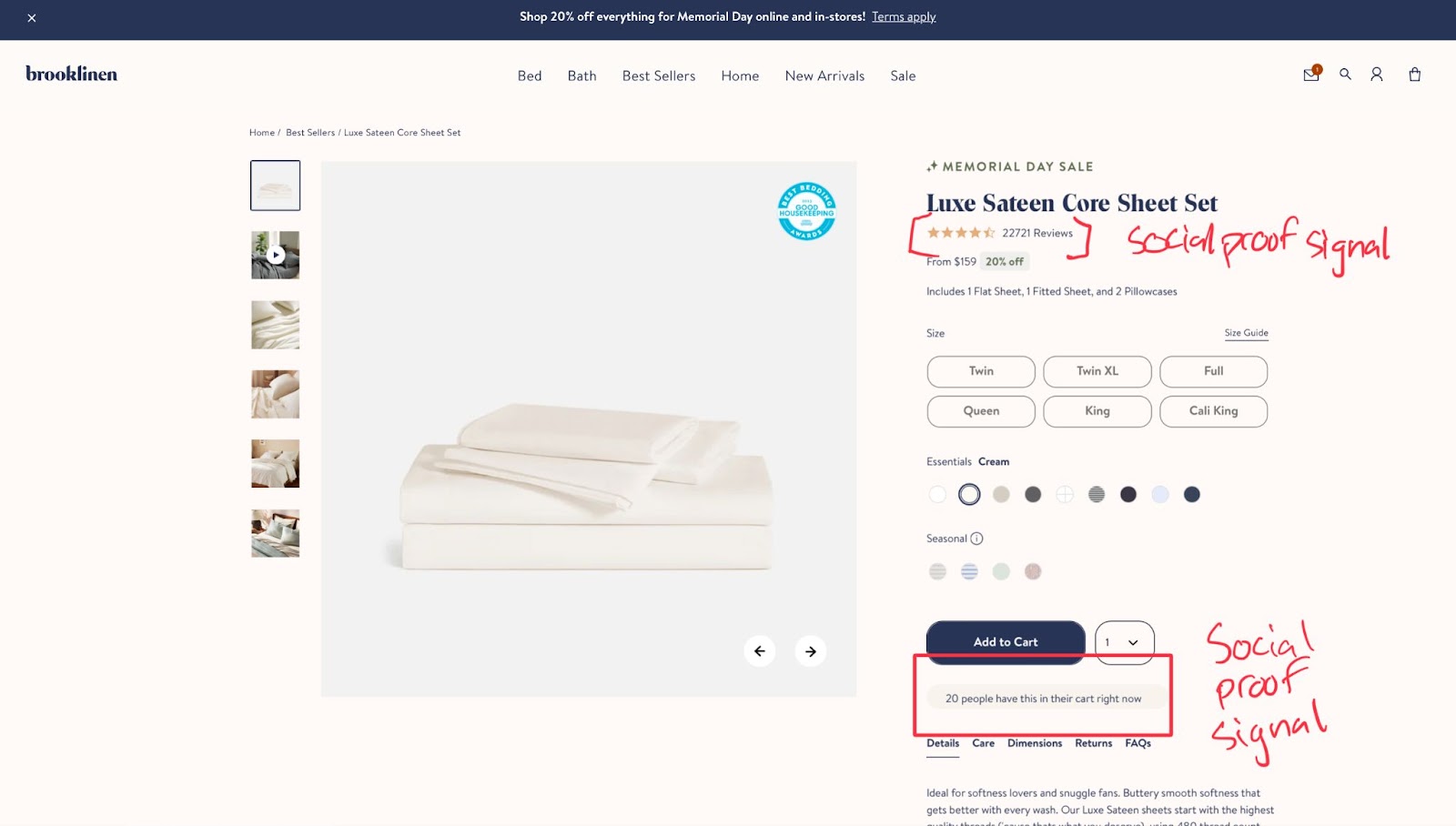 Brooklinen product page example that boost sales