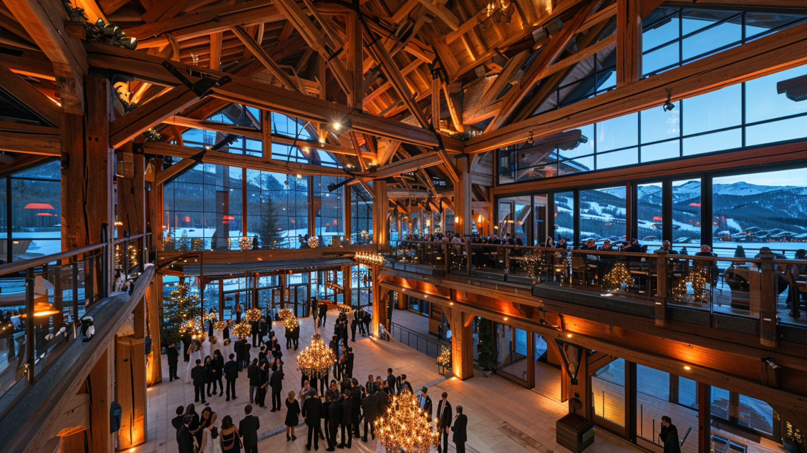 Wedding guests inside an expansive ski chalet in Courchevel
