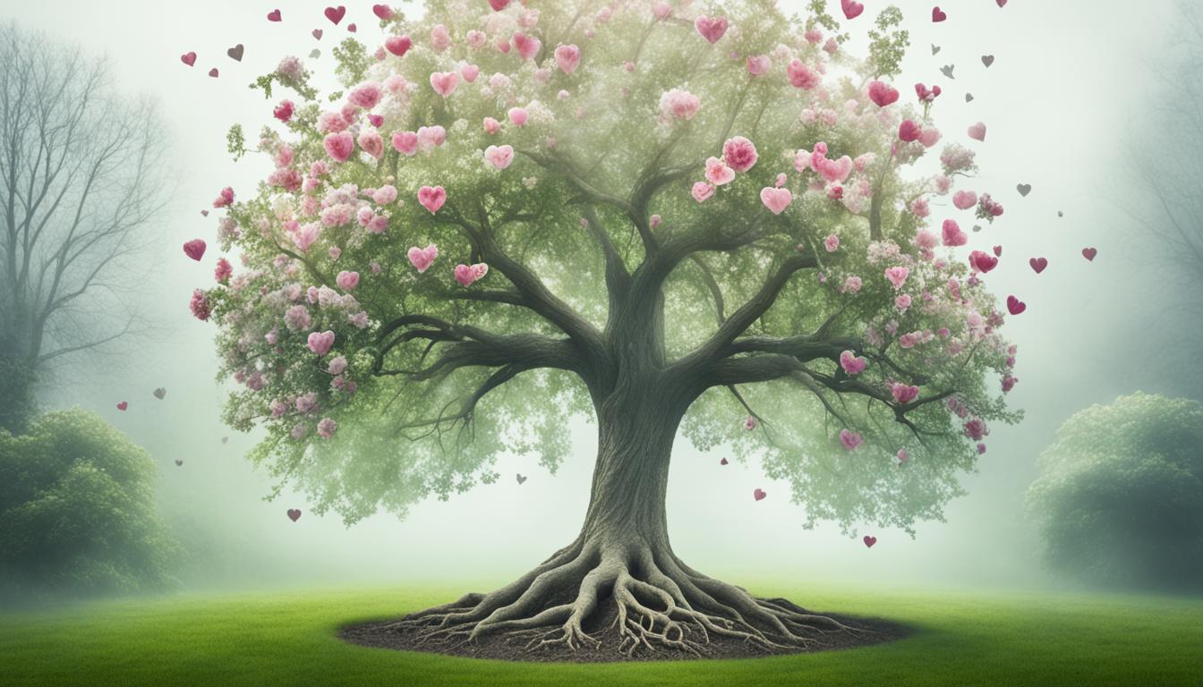 An image of a garden blooming with fresh flowers, with a single, sturdy tree standing tall in the center. The tree is surrounded by a soft mist, representing the unknown and unpredictable nature of love. However, the tree remains steadfast and patient, with its roots firmly planted in the earth. In the background, there are faint outlines of hearts, symbolizing the love that is slowly growing and coming into fruition through patience and trust in the manifestation process.