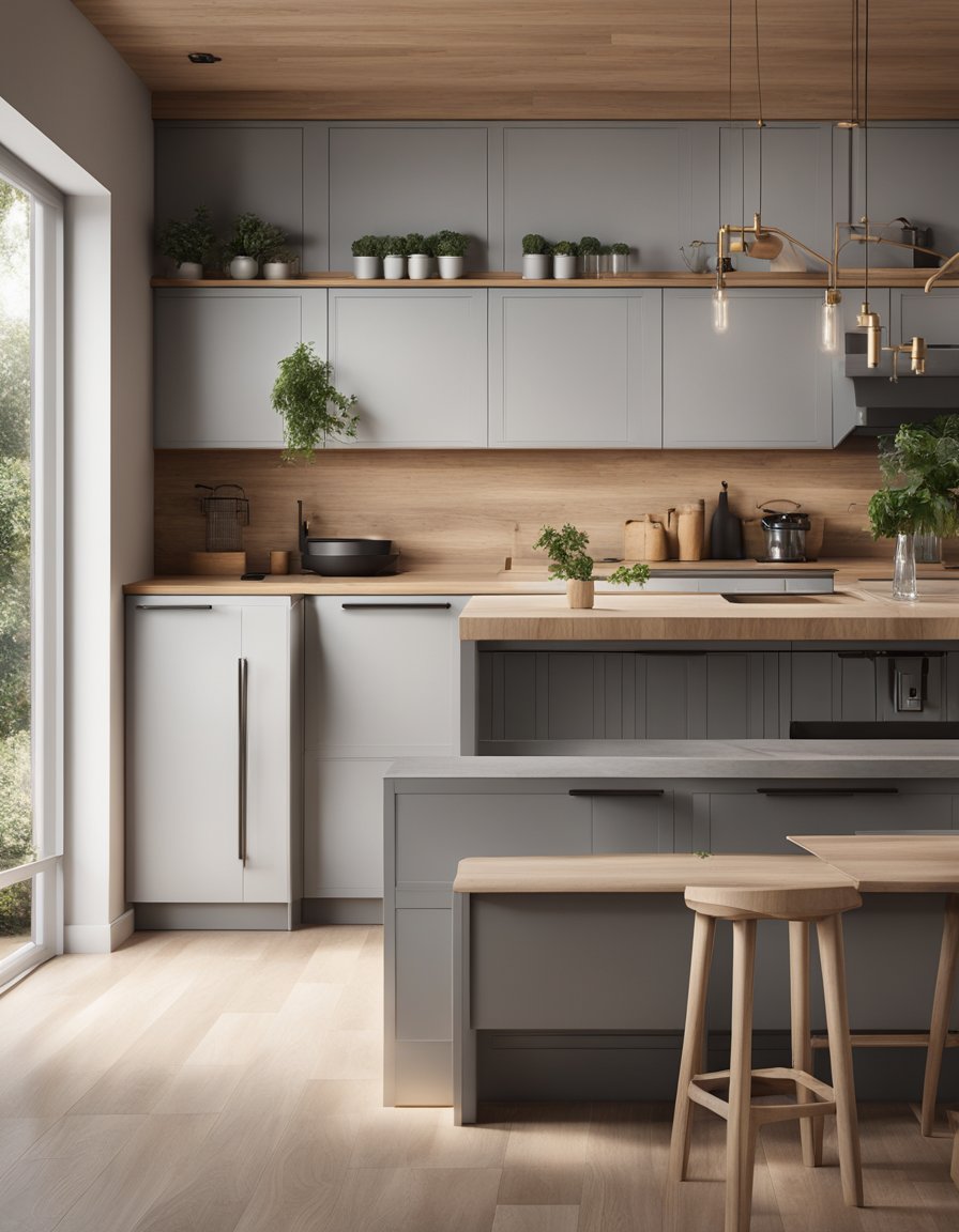 A modern kitchen with light gray cabinets and natural wood accents