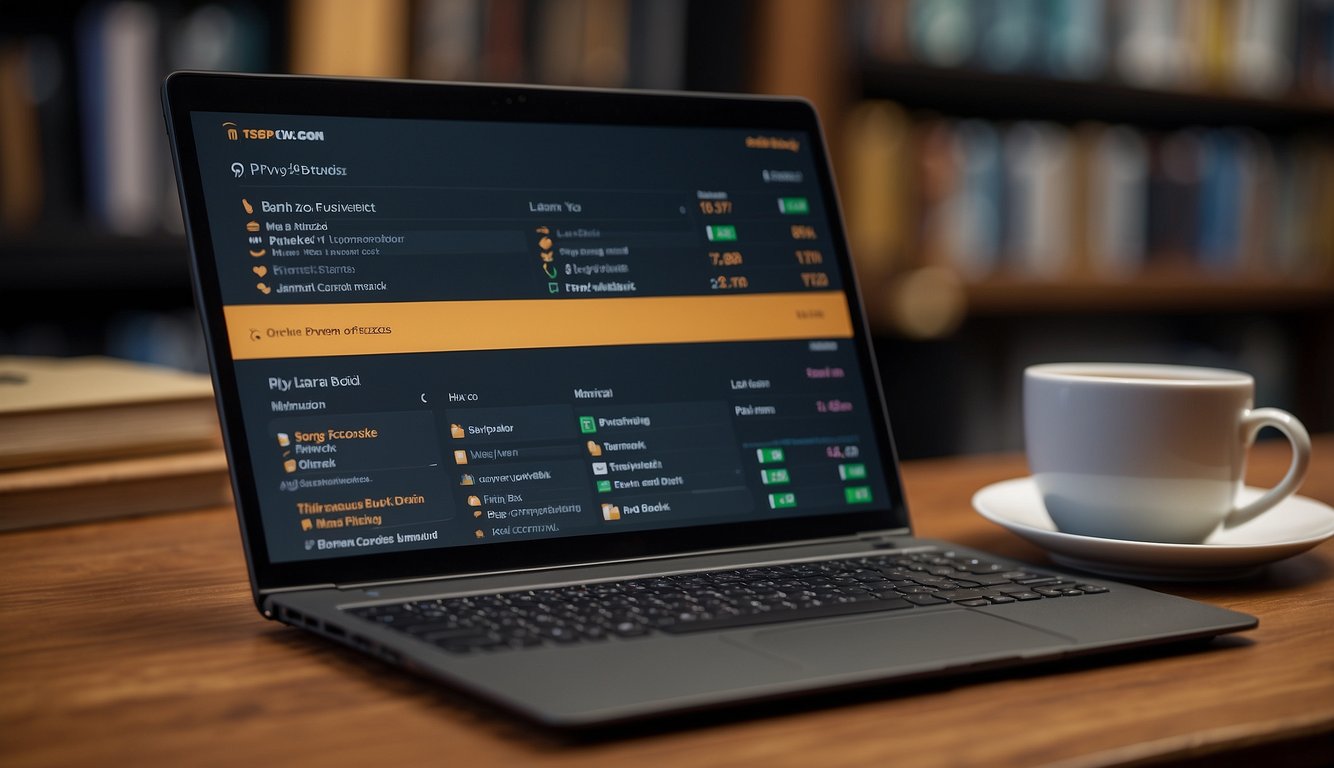 A laptop displaying the Amazon KDP dashboard with book covers, sales charts, and publishing options. A stack of printed books and a shipping box nearby