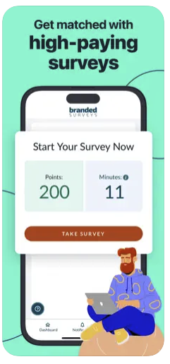 The Branded Surveys app showing the number of points and completion time estimate for the selected survey. 