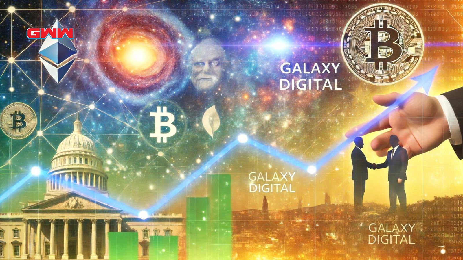 Bitcoin and Galaxy Digital logos with stock market growth and galaxy background