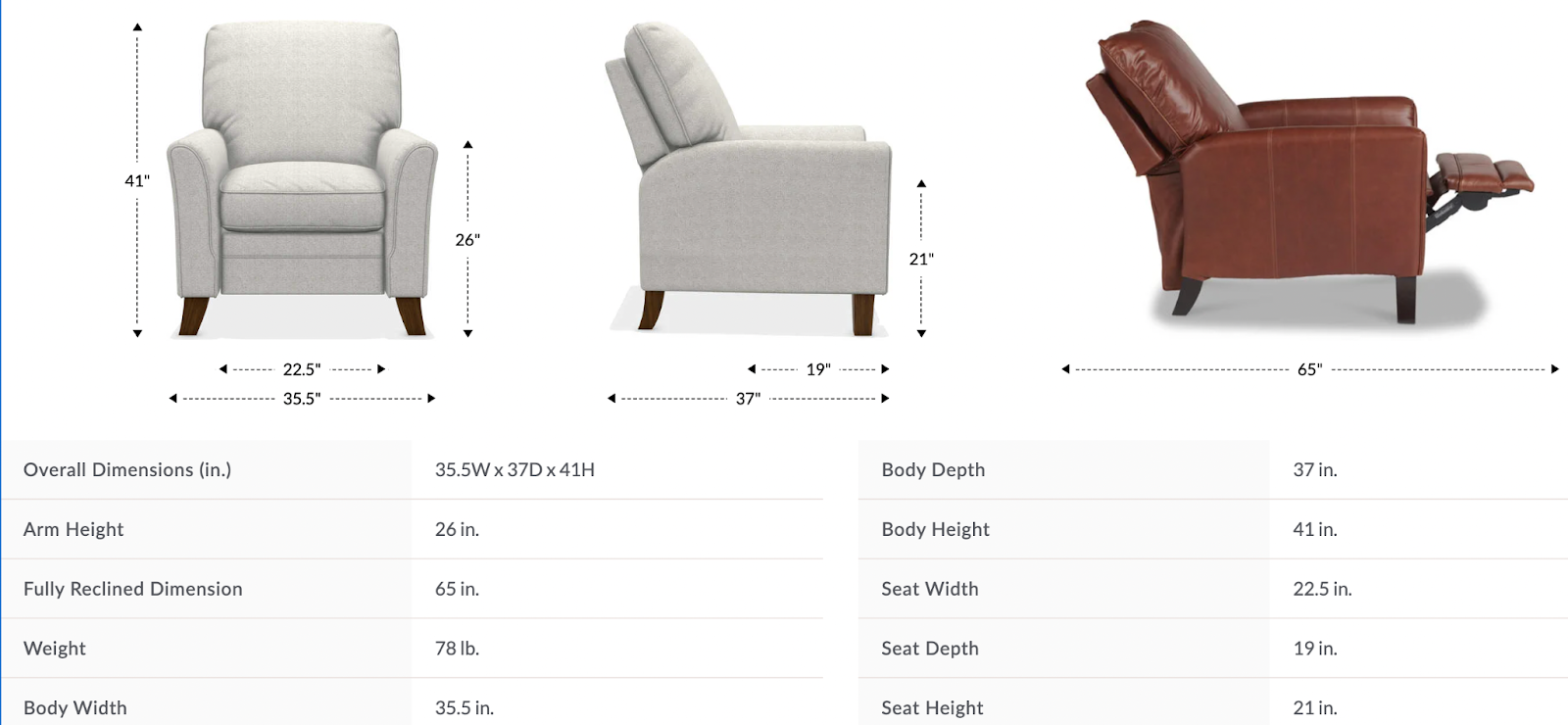 riley high leg reclining chair dimensions