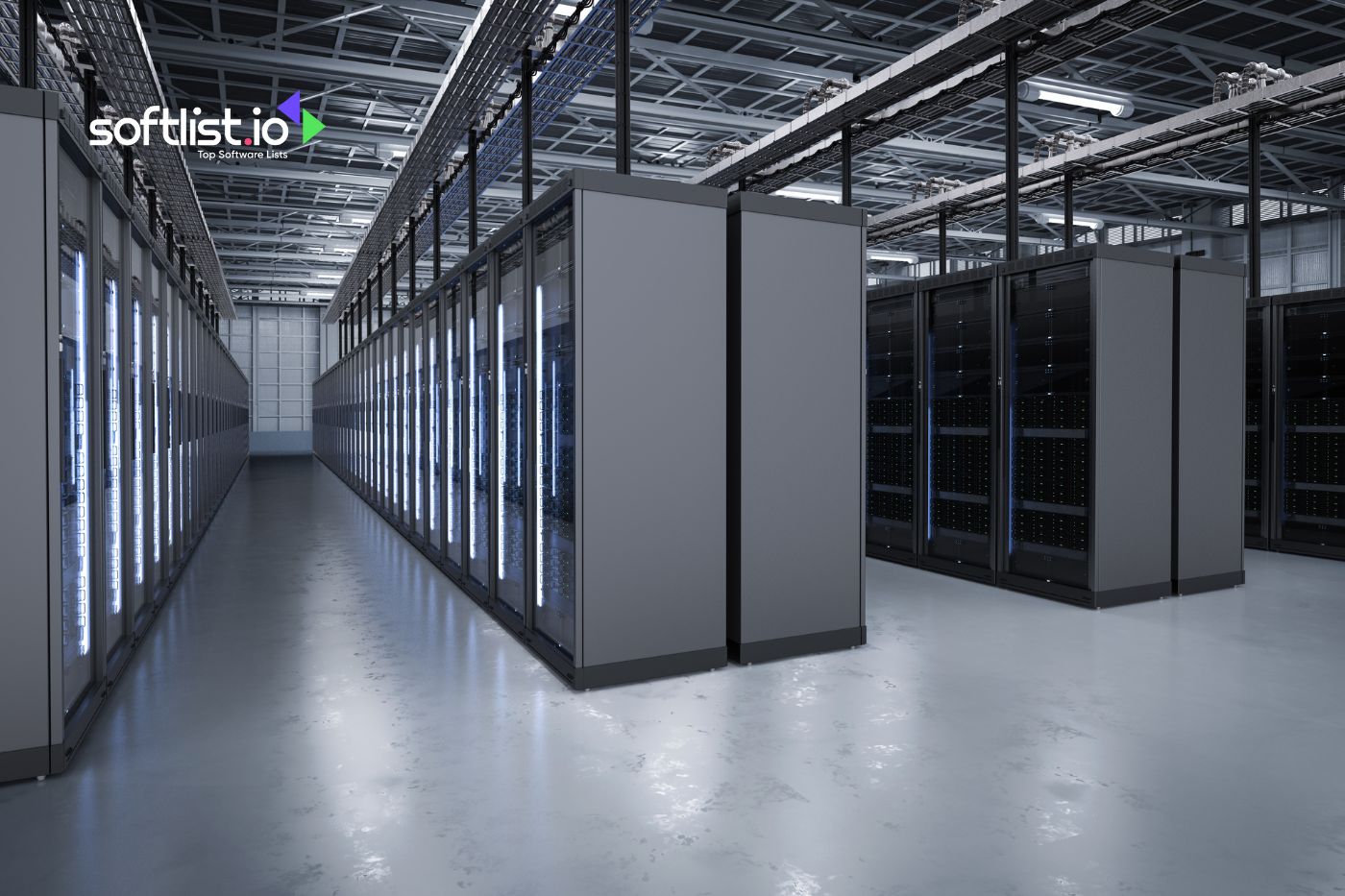 Spacious, modern data center with rows of server racks