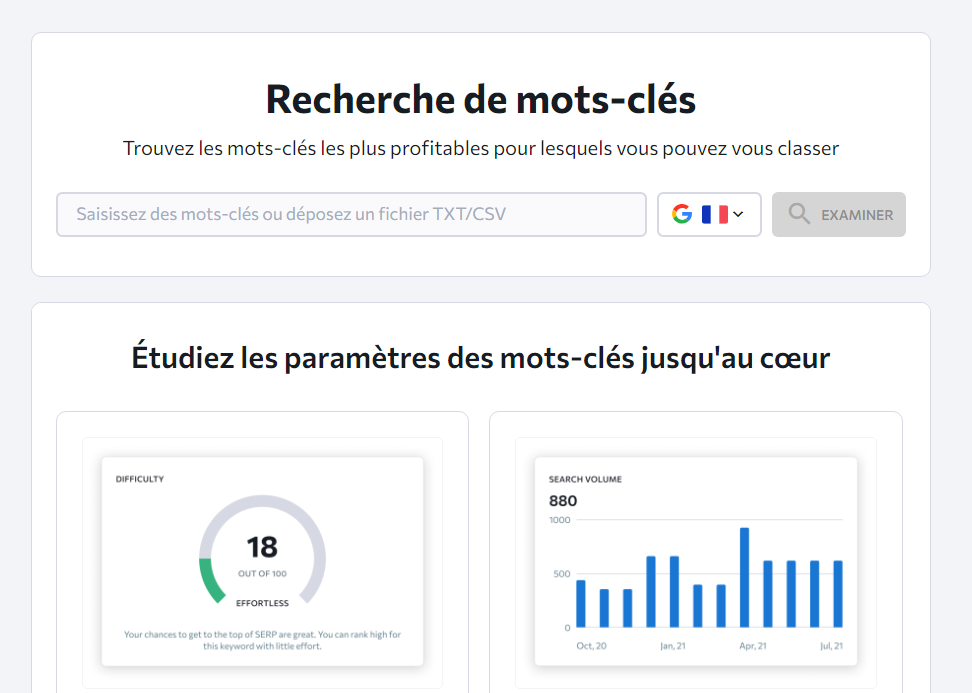 aperçu de la barre de recherche de mots cles dans se ranking