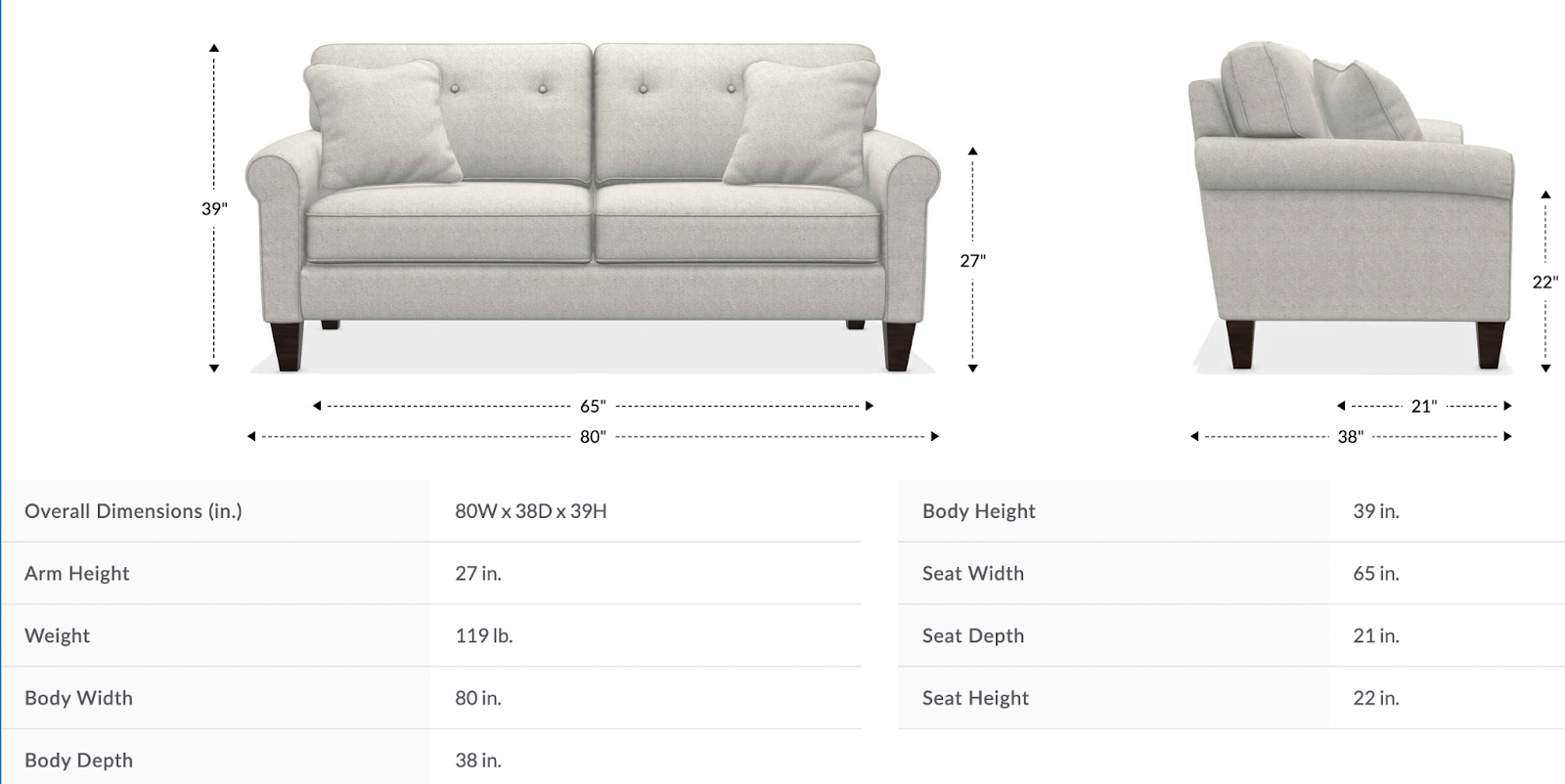 laurel sofa size and dimensions