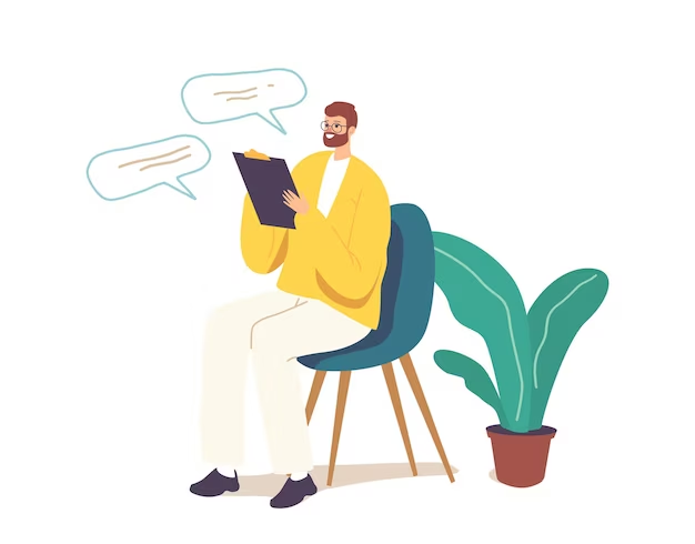 Graphic of a person scrolling through text on a clipboard