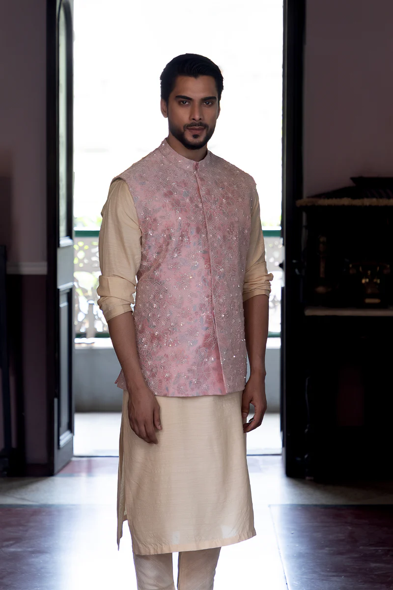 Tapestry, a Blush Pink Nehru jacket set with delicate embroidery