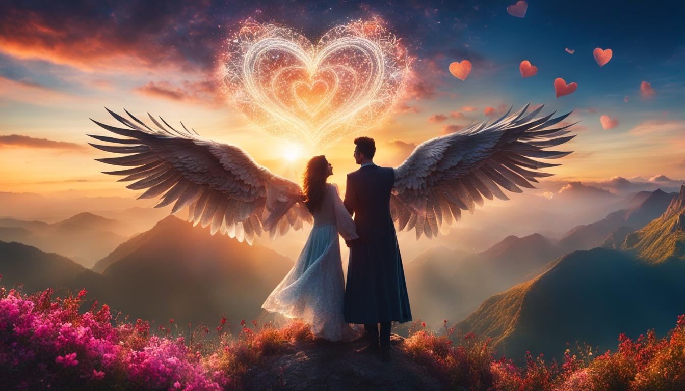 A couple walking hand in hand on a beach with a sunset in the background, while a heart-shaped cloud hovers above them. The couple is surrounded by symbols of love and positivity, such as rose petals and butterflies. The image should convey a sense of ease and contentment, as if the couple's dream relationship has effortlessly manifested in their lives.