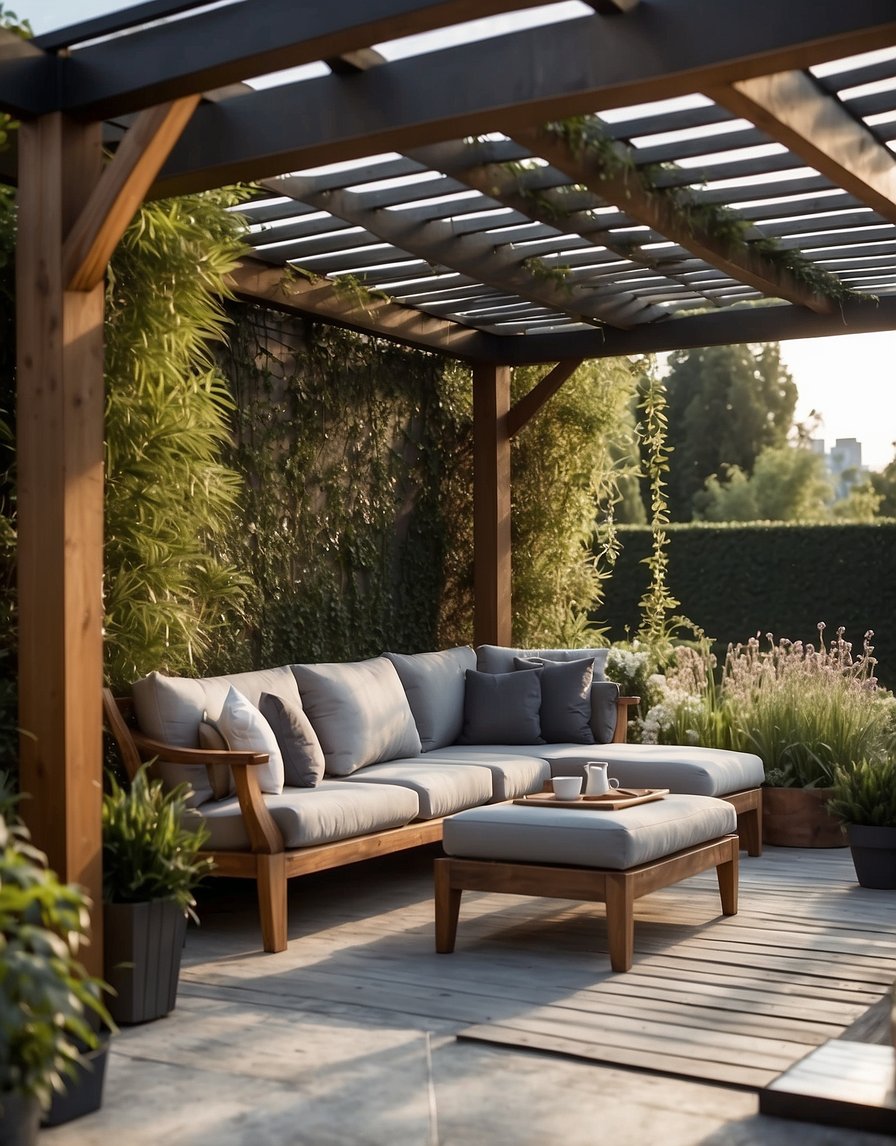 A semi-enclosed pergola with all-weather features, surrounded by lush greenery and equipped with comfortable seating and lighting