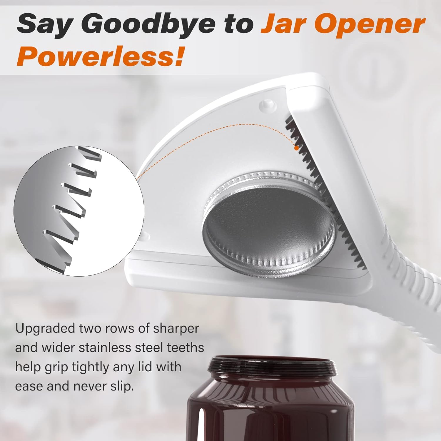 A jar opener with two rows of sharper and wider stainless steel teeth to help grip paint caps tightly with ease.