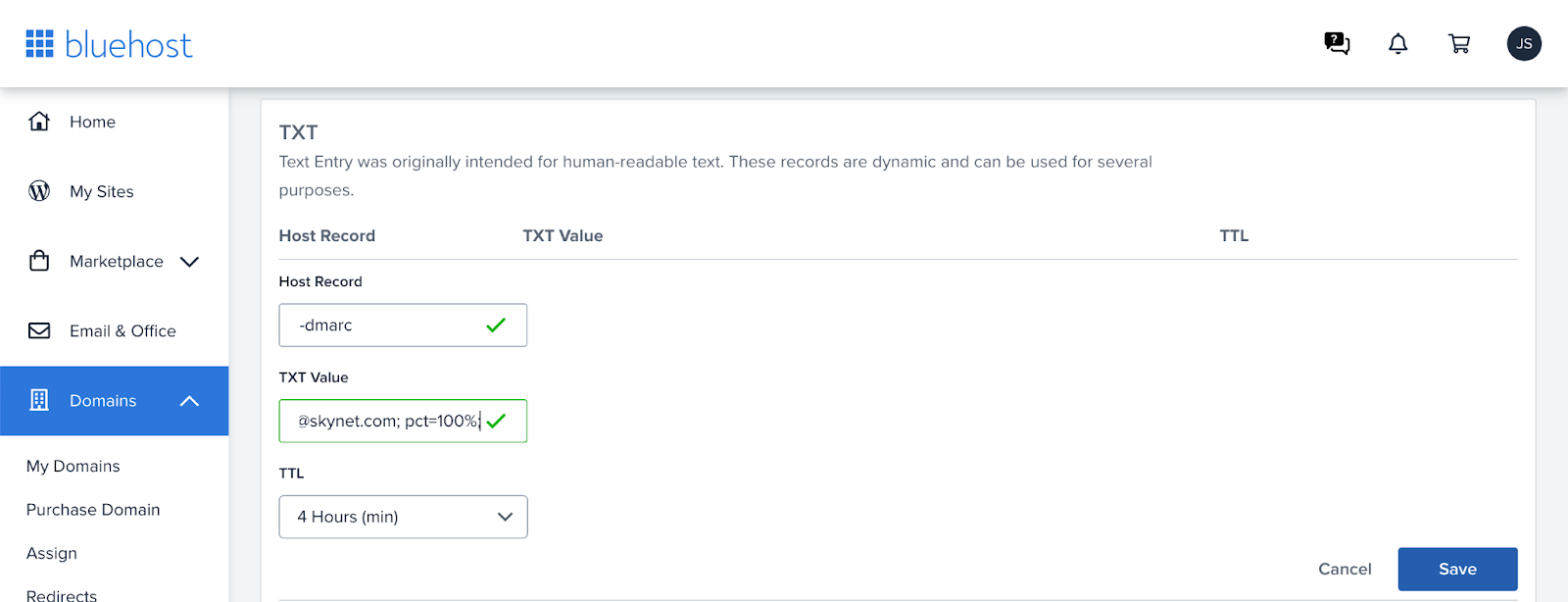 How to add DMARC record in BlueHost