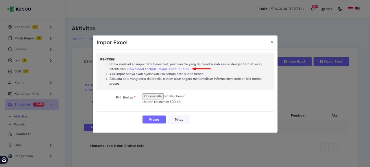 Tampilan Fitur Timesheet Impor Excel