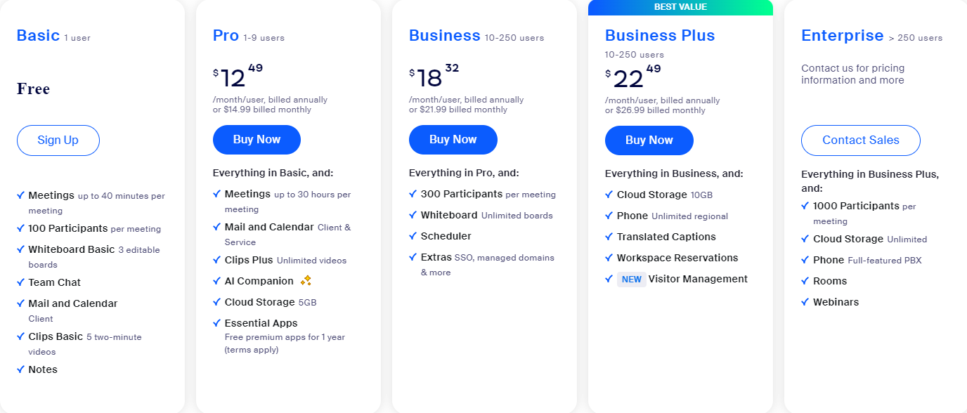 Zoom Pricing with 5 paid plans