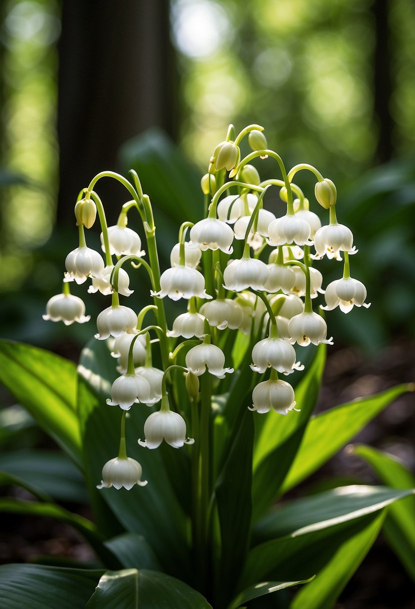 A cluster of 31 white Lily of the Valley flowers in a woodland setting, surrounded by lush green foliage and dappled sunlight filtering through the trees