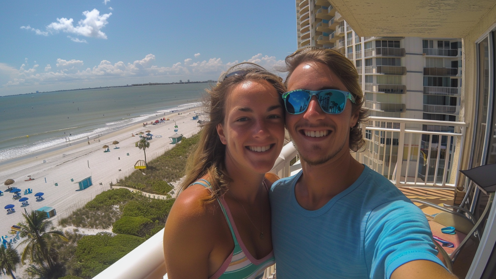A couple takes an opportune selfie with Fort Myers Beach in the background