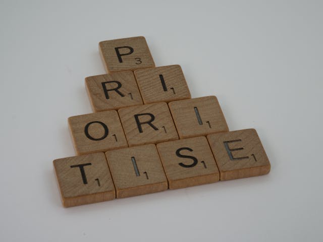  A close-up of a Scrabble board with tiles spelling out the word "priorities".