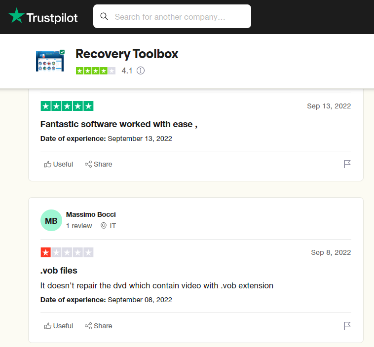 Trustpilot review for Recovery Toolbox, rated 4.1 stars, praising software ease of use.