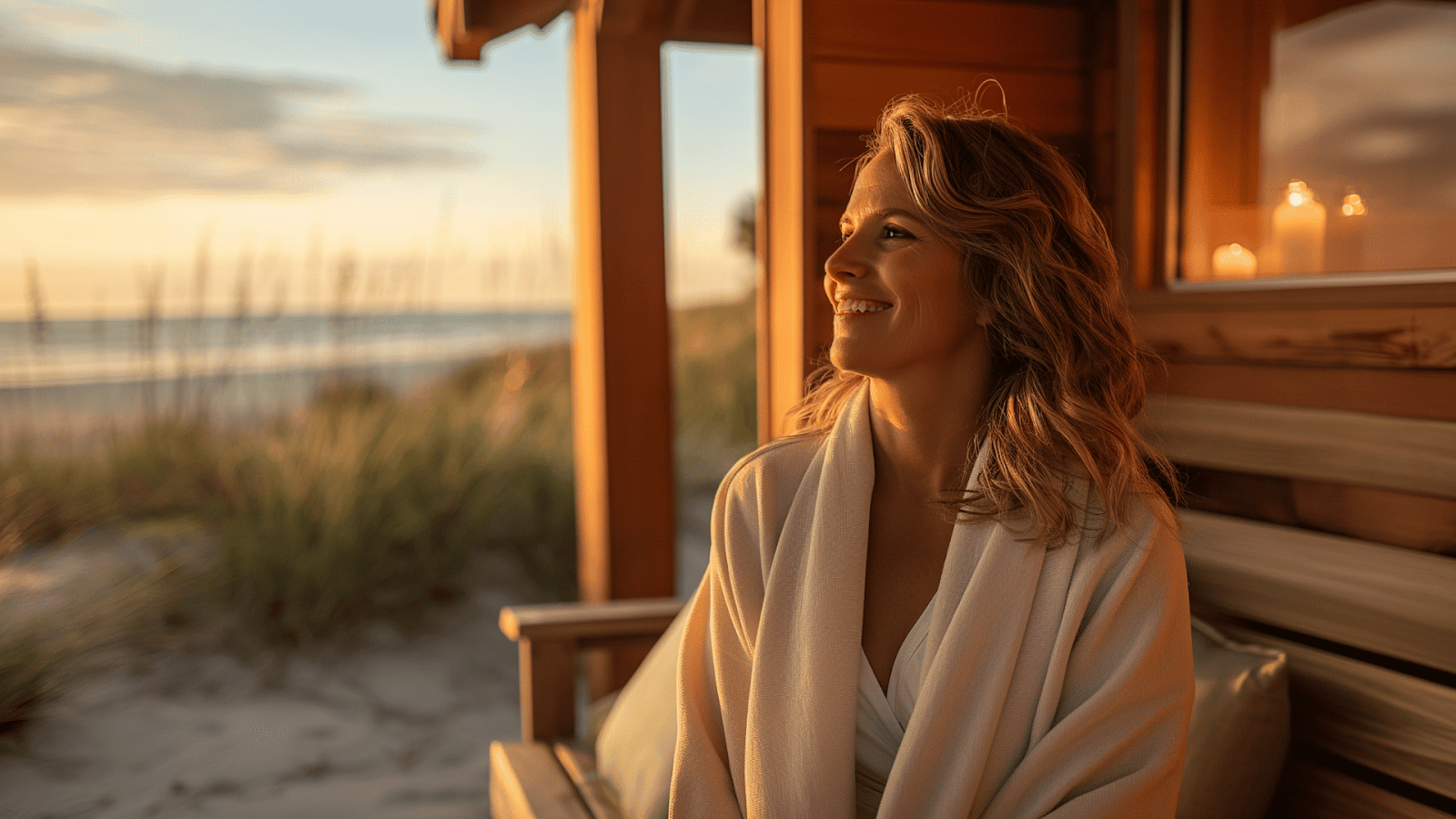 A woman relaxing with a serene beach view from a beachfront vacation rental in Palmetto Dunes