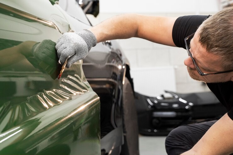 A person is applying a tint to a car.