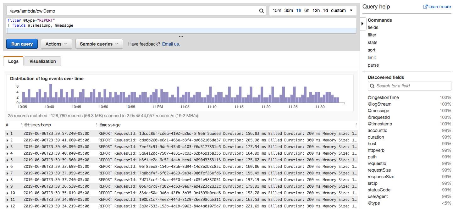 The user interface for CloudWatch Log Insights 