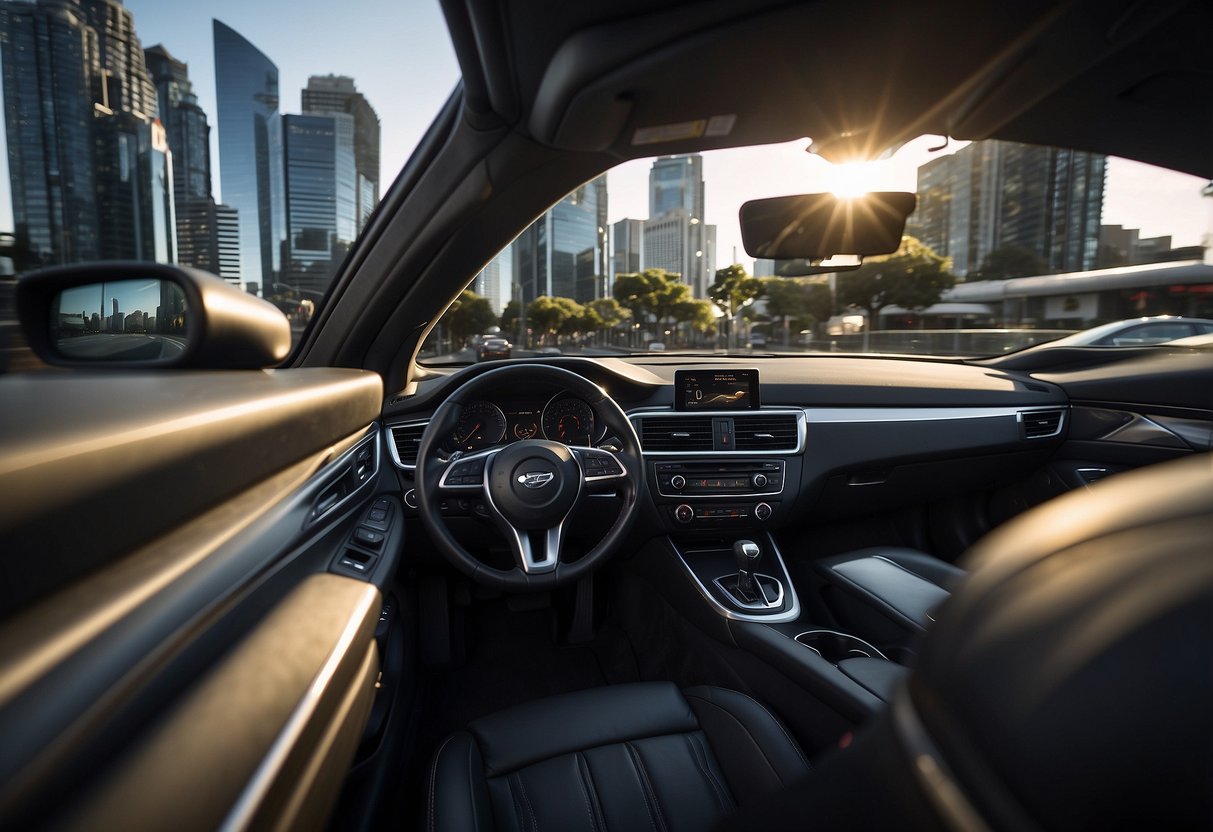 A car driving through Sydney, passing by iconic landmarks and bustling streets