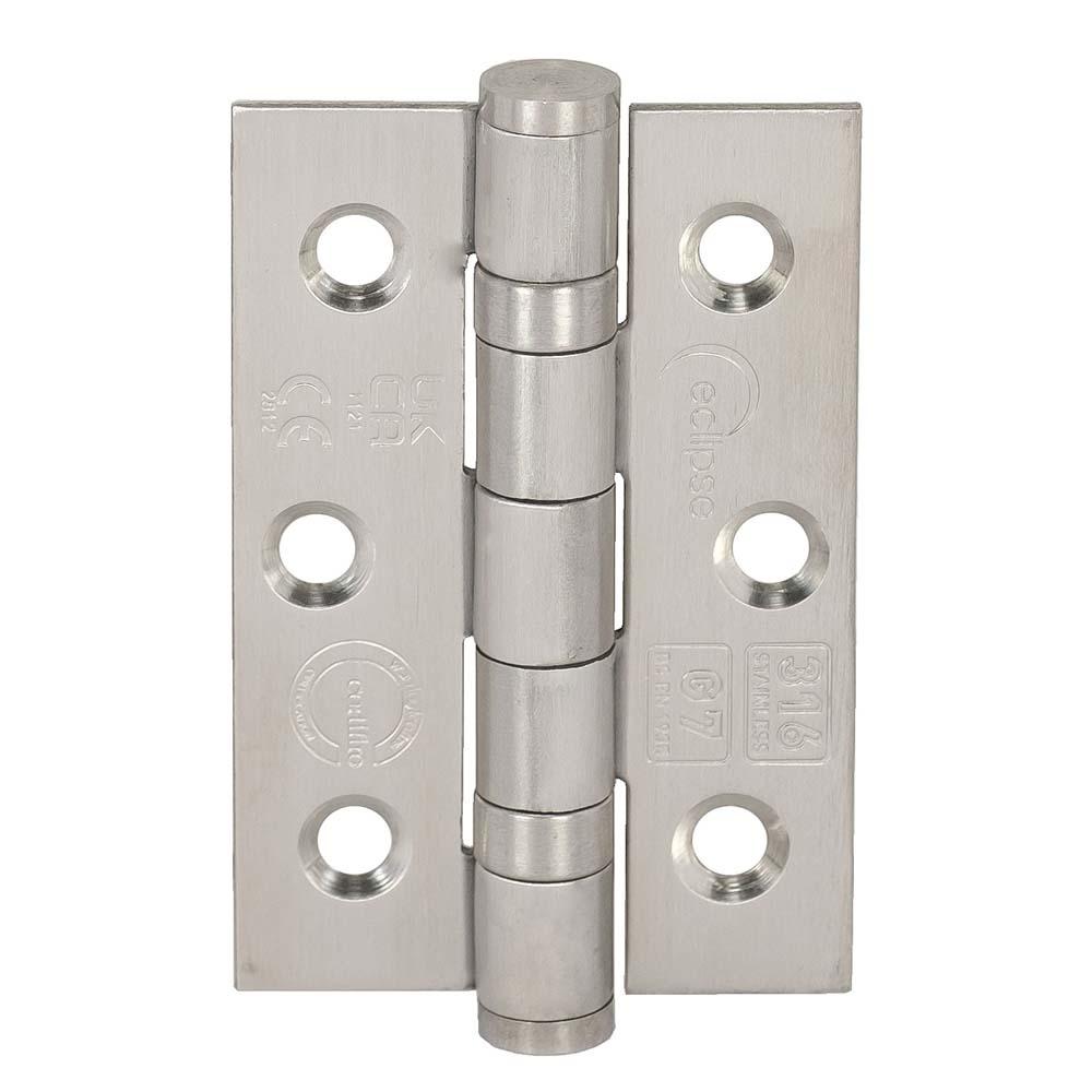 A silver door hinge with holes Description automatically generated