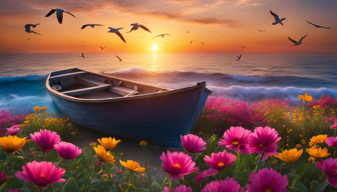 A calm ocean with a beautiful sunrise in the background as a symbol of positive energy and new beginnings. In the foreground, a small boat with an anchor representing stability and grounding. The boat is surrounded by colorful flowers signifying growth and abundance. Above the boat, a flock of seagulls flying freely represents the joy of letting go of worries and negative beliefs.