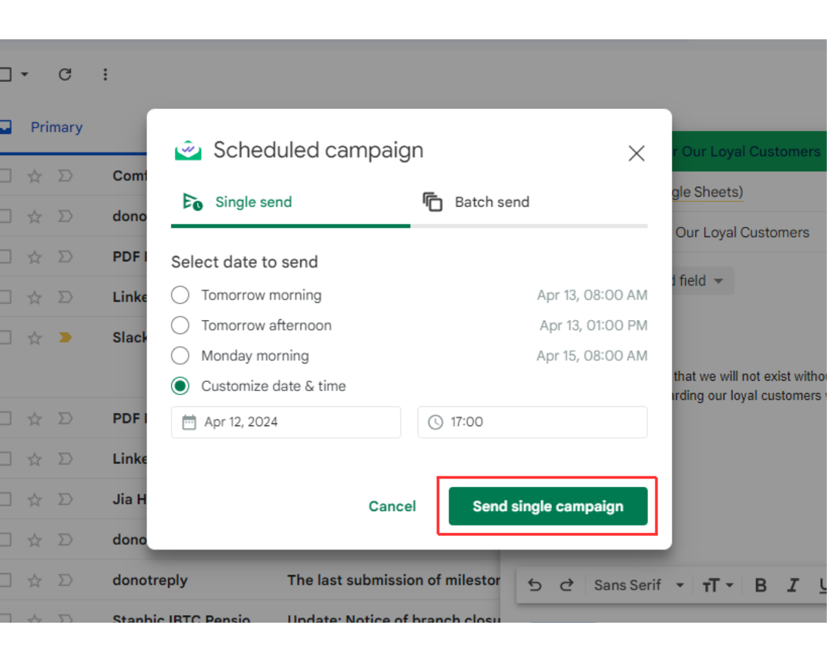 To send scheduled emails with Mailsuite. Select a date and time for Gmail to automatically send the email
