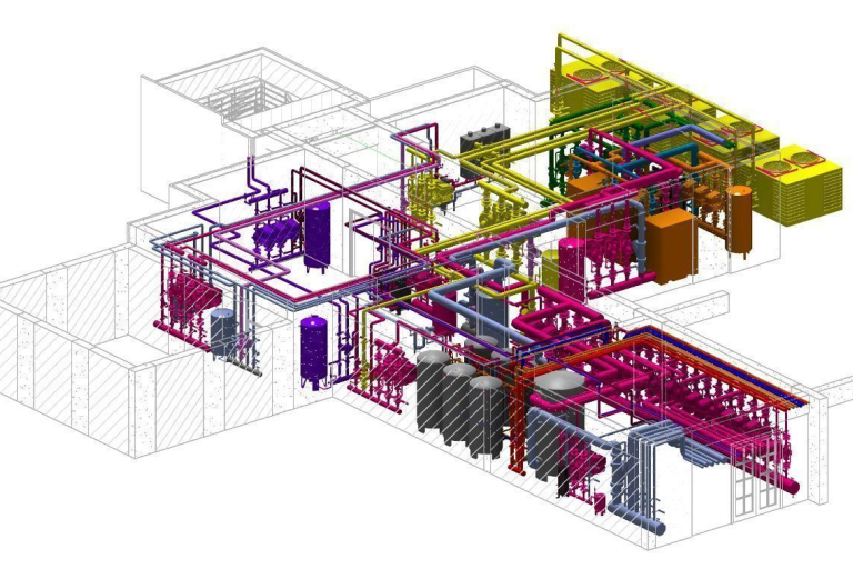 Drawing a structure with a multitude of pipes in Revit, illustrating BIM modelling for plumbing and electricity