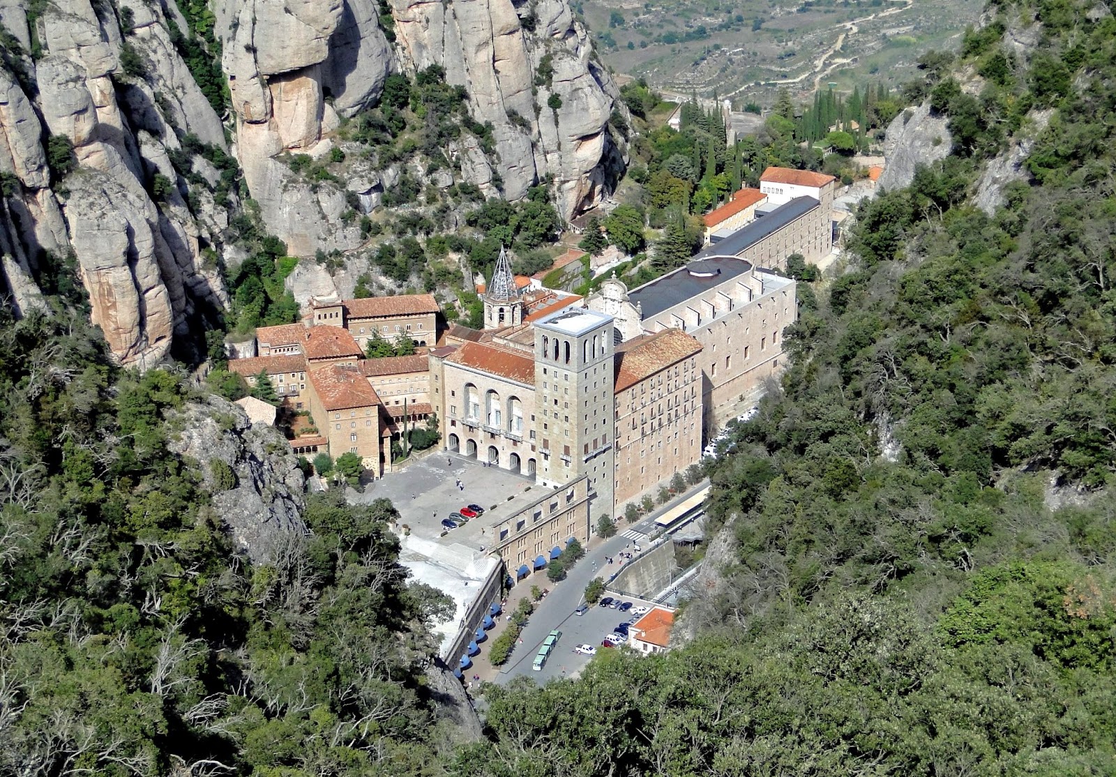 View of Montserrat from the top, with lush greenery below.