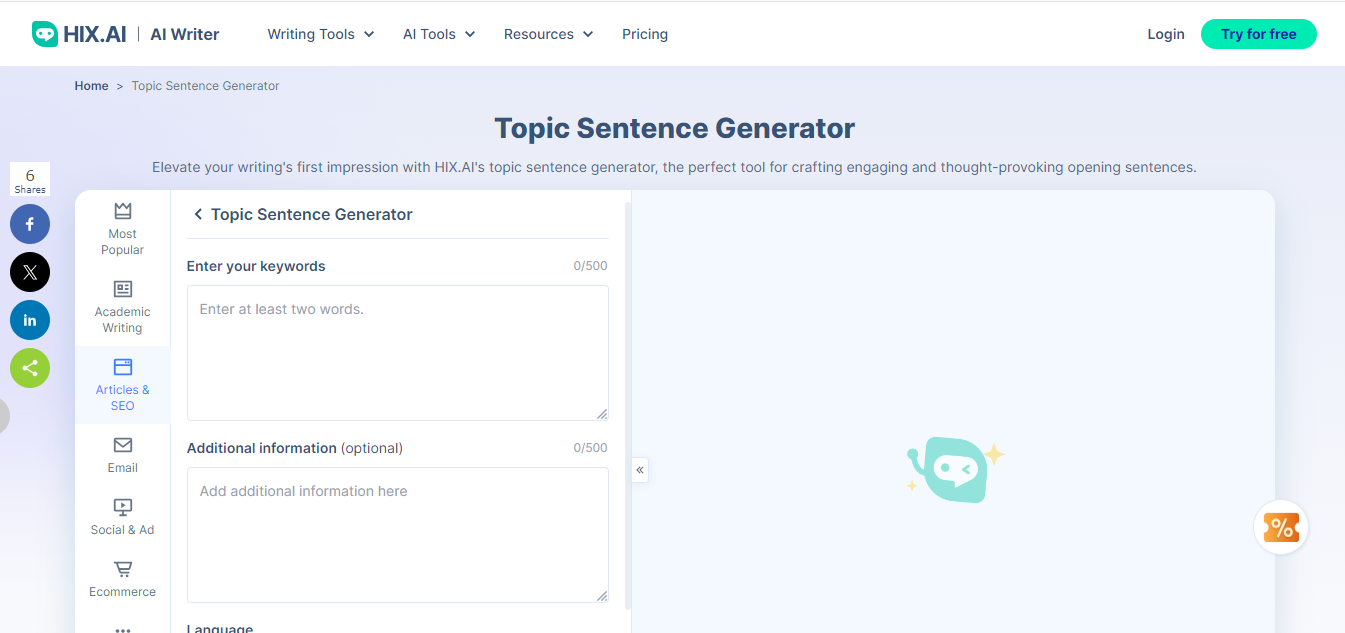 HIX.ai AI Topic Sentence Generator