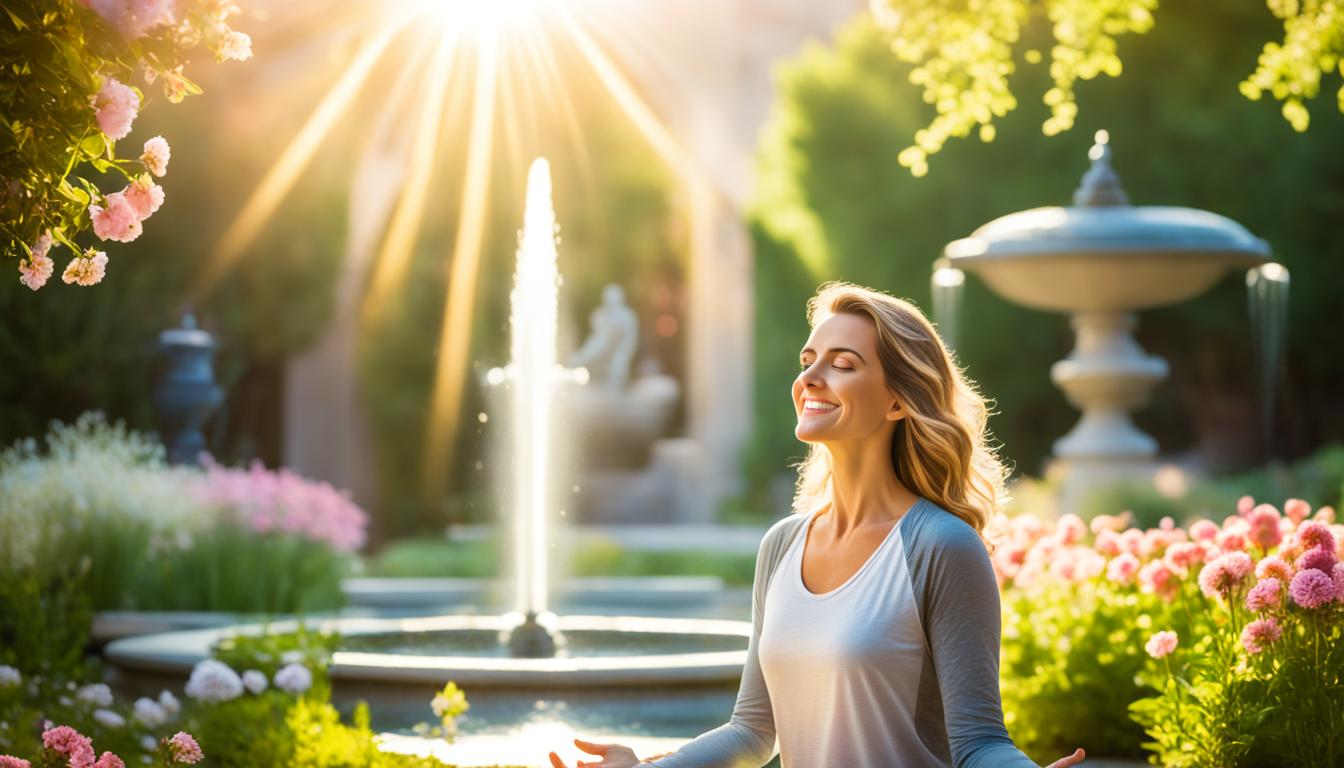 A woman meditating in a peaceful garden surrounded by blooming flowers and a fountain, visualizing a happy life with her dream man. In the distance, a silhouette of a confident man walking towards her. Above them, a radiant sunburst shining down on them.