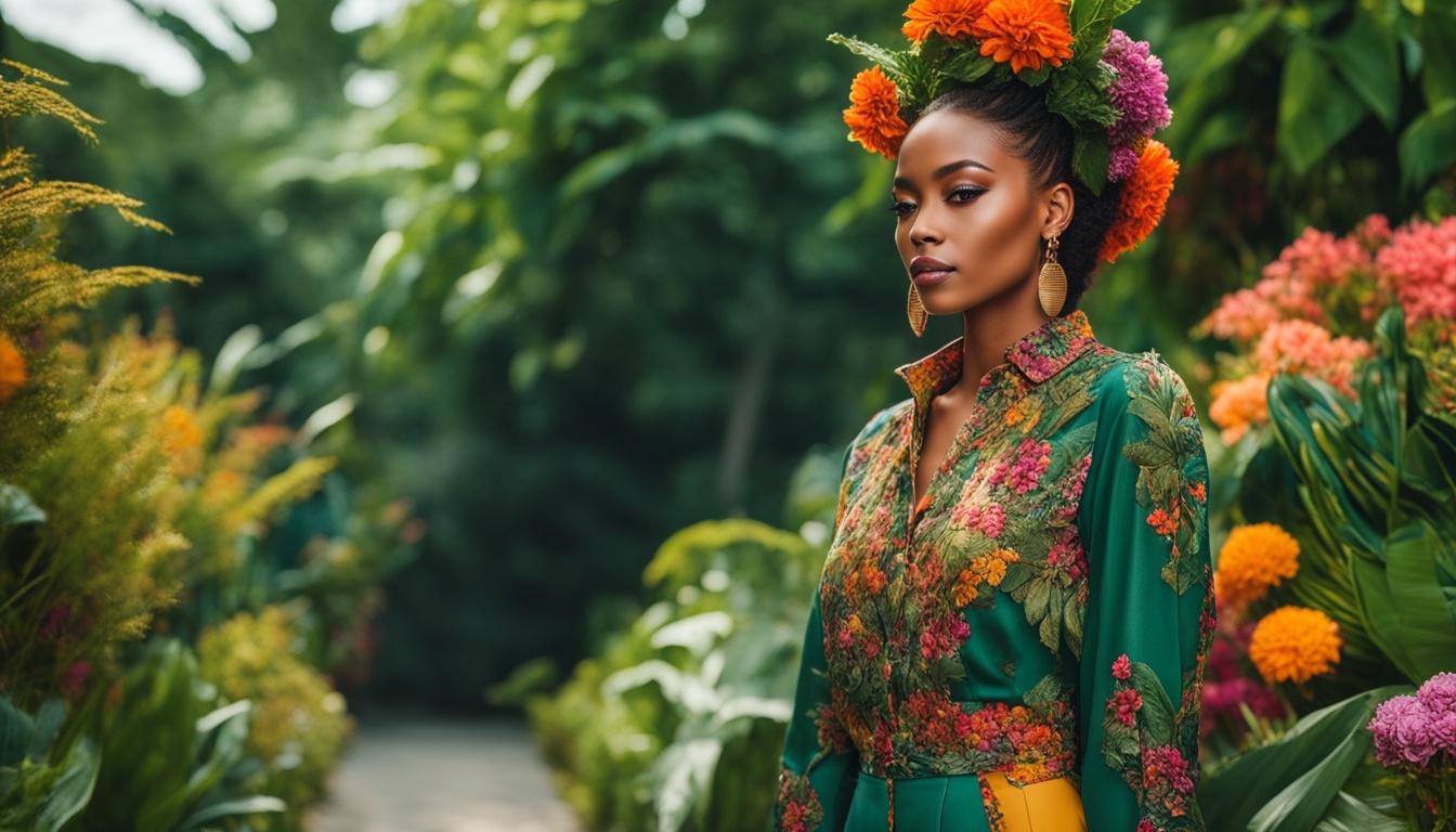 A woman walking confidently on a eco-friendly runway, surrounded by lush green plants and flowers. She is wearing a stylish and vibrant outfit made from sustainable materials, with intricate details and textures that catch the eye. The environment around her is glowing with life and beauty, emphasizing the importance of taking care of our planet.